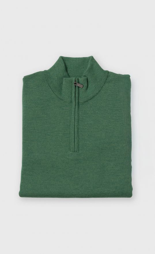 Pull col montant zippé en laine mérinos 2 fils vert sauge
