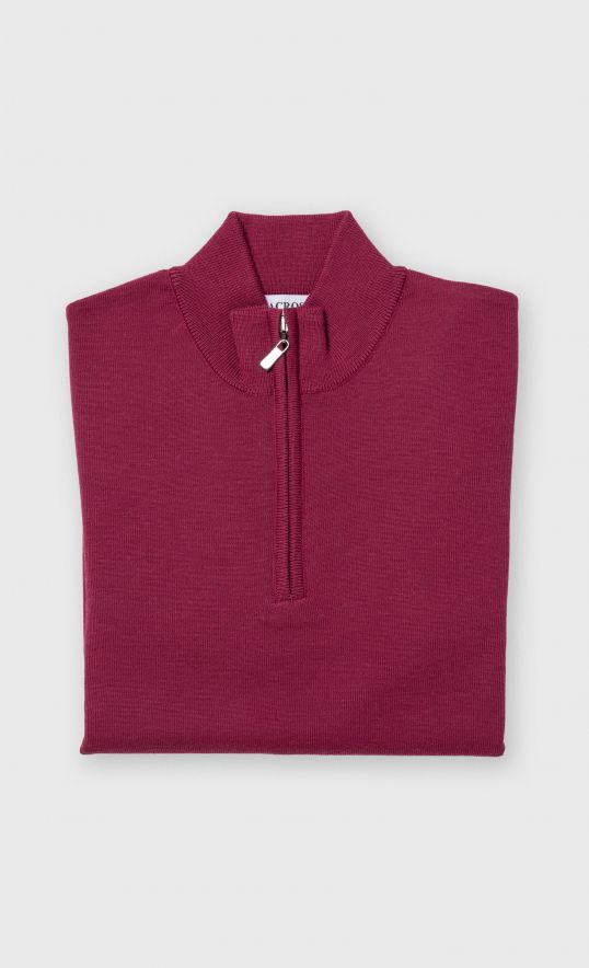 Pull col montant zippé en laine mérinos 2 fils framboise