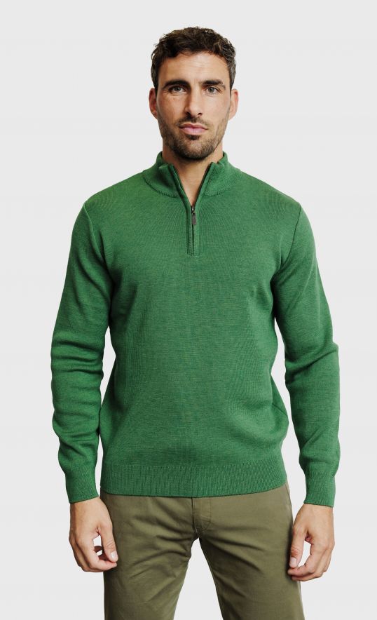Pull col montant zippé en laine mérinos 2 fils vert sauge
