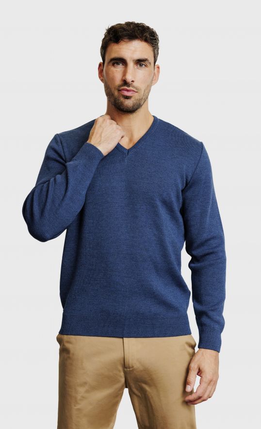 Pull col V en laine mérinos 2 fils bleu