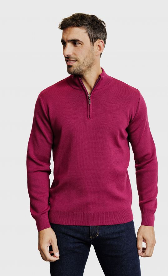 Pull col montant zippé en laine mérinos 2 fils framboise