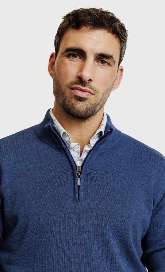 Pull col montant zippé en laine mérinos 2 fils bleu