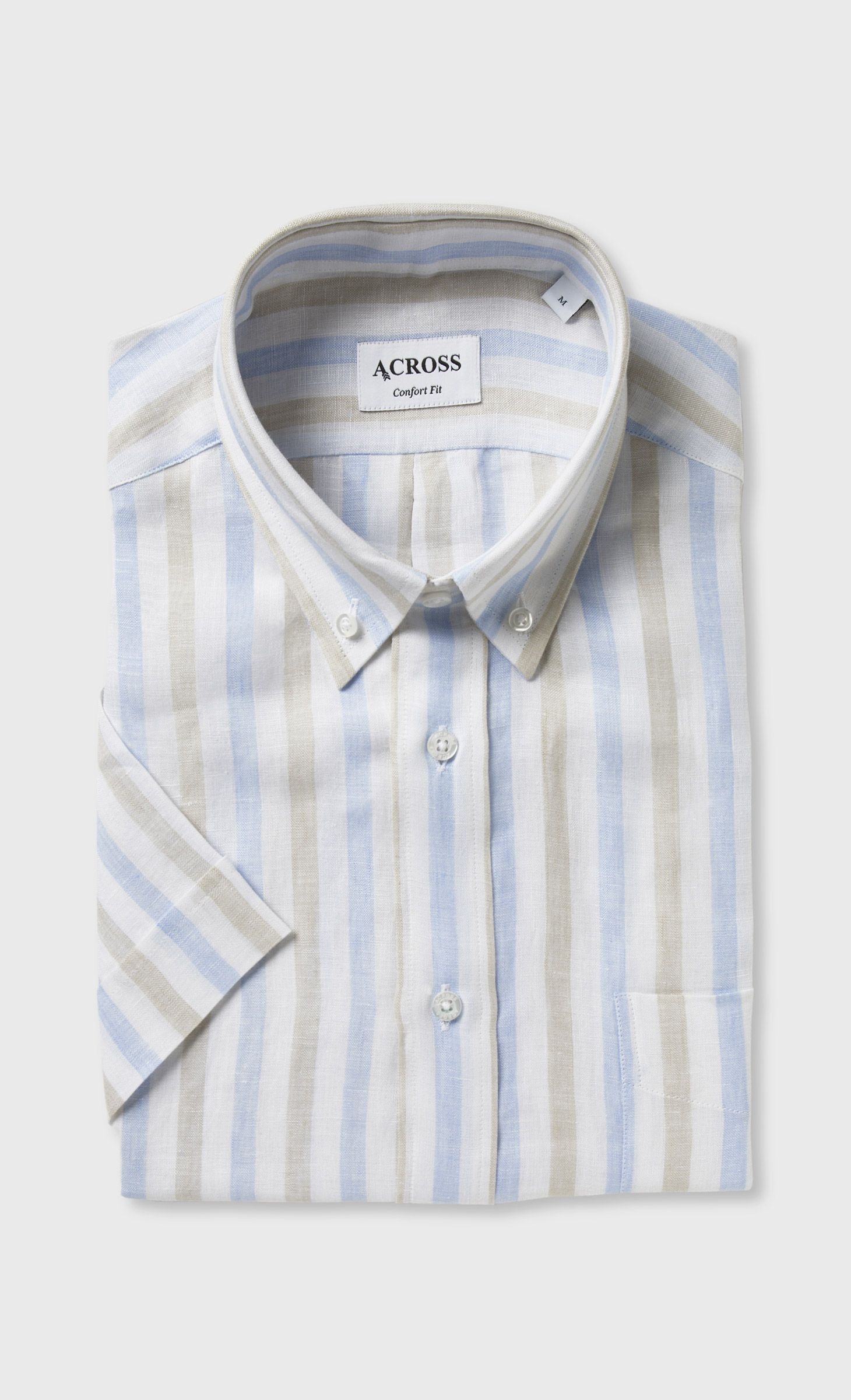 Chemise Confort fit manches courtes en lin à rayures bleu ciel